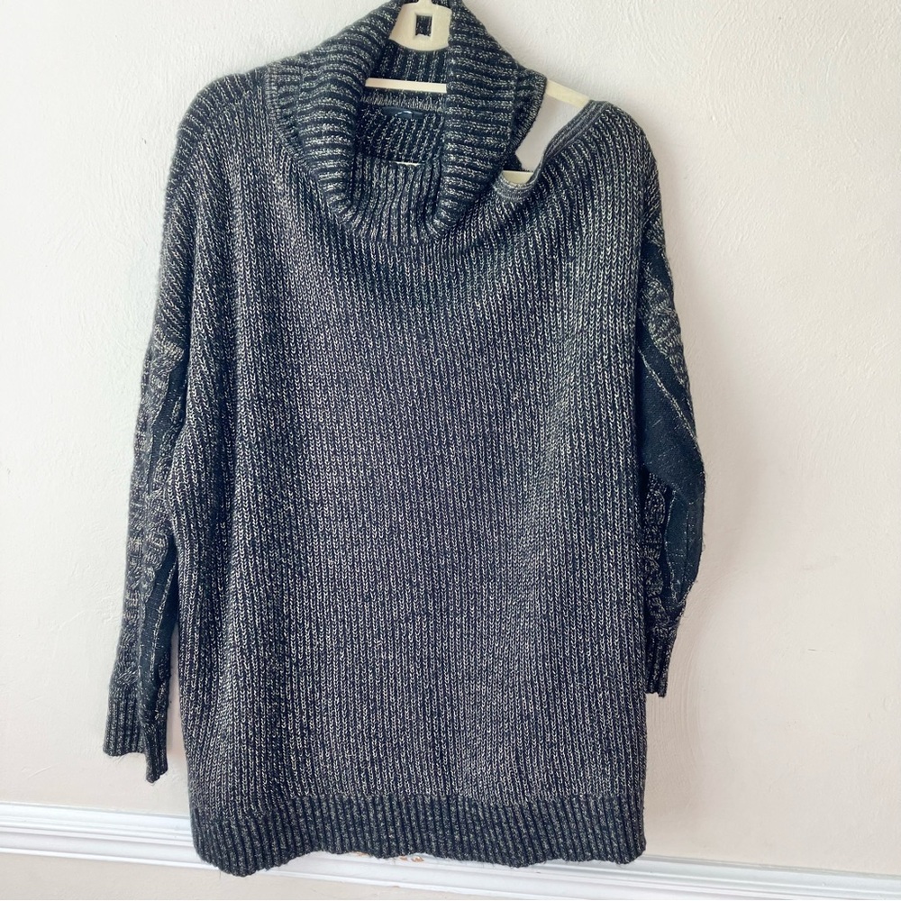 Torrid Black Gold Lurex Cable Pullover Cold Shoulder Turtleneck Sweater